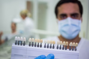 Dentist comparing teeth shade guide to match Zirconia implants for natural smile restoration