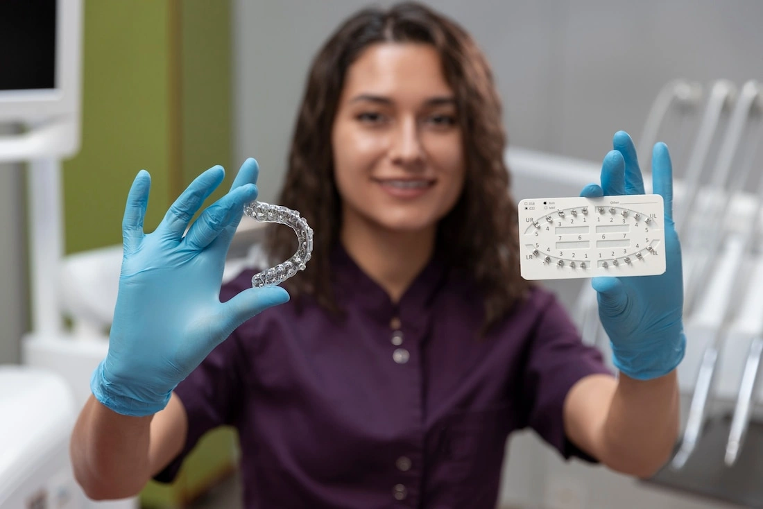 An dentist presenting a clear plastic dental aligner alongside traditional metal braces.