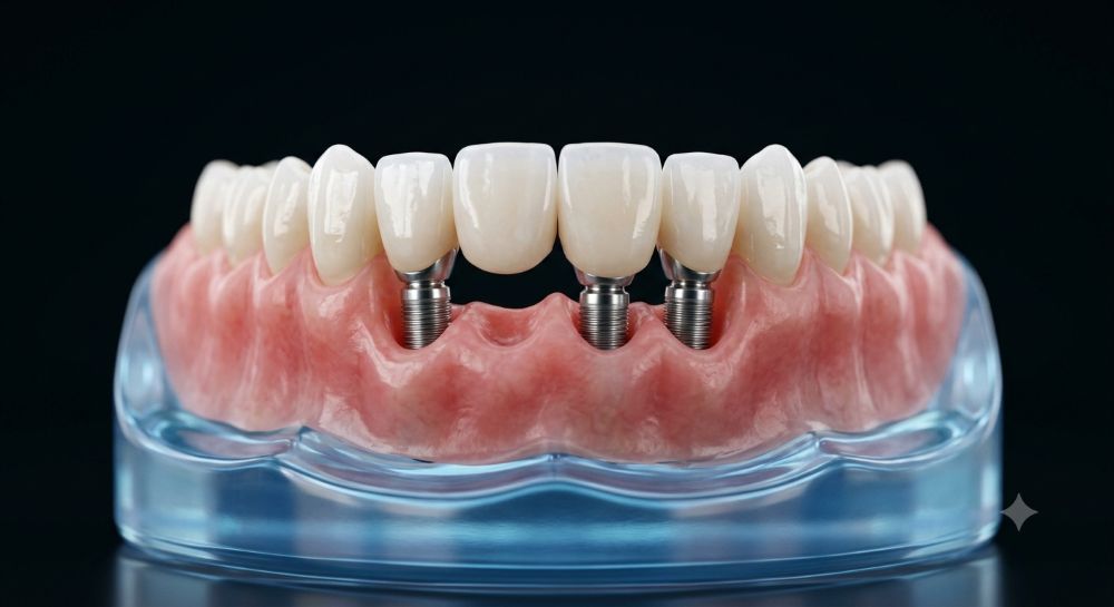 3D clip-in dental implant model with porcelain crowns