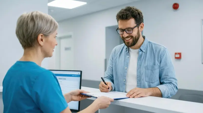 A patient filling out paperwork regarding wisdom teeth removal costs and financing at Dr. Paulo Pinho's oral surgery clinic reception.